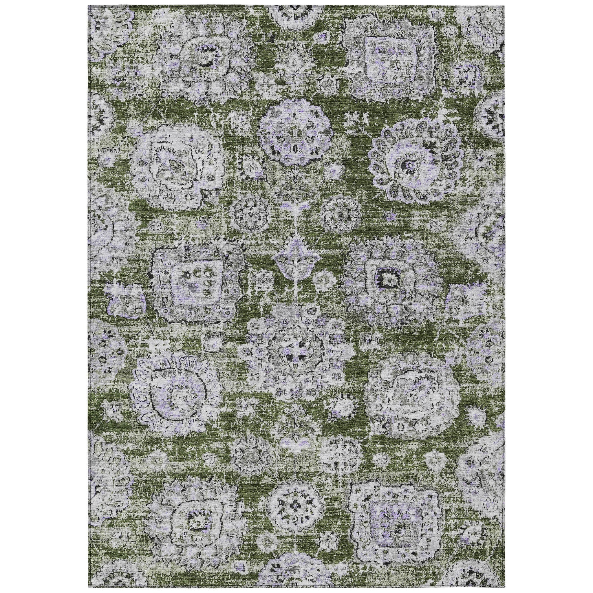 9' X 12' Olive Green And Gray Floral Washable Indoor Outdoor Area Rug