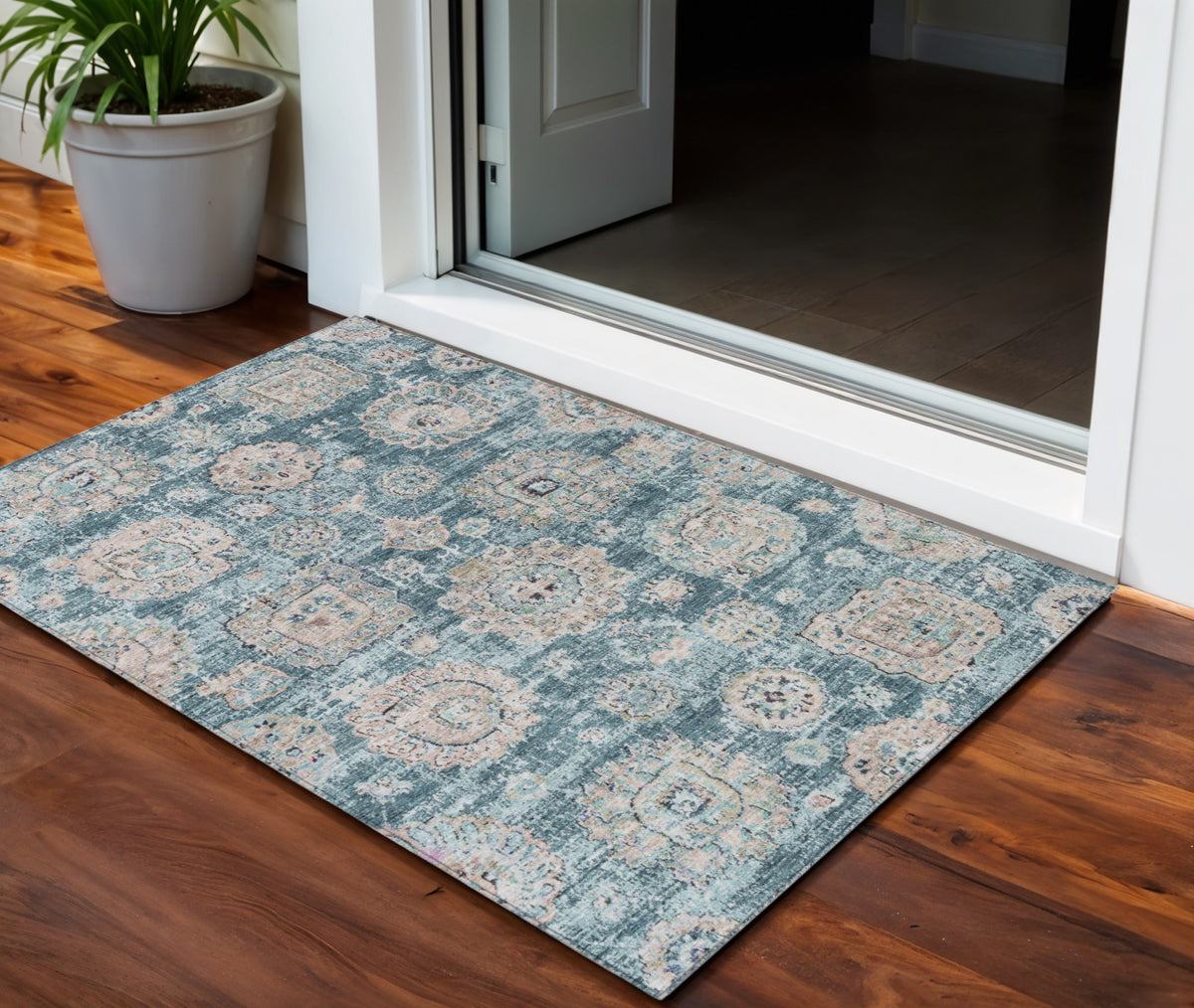 3' X 5' Teal Blue And Sky Blue Floral Washable Indoor Outdoor Area Rug