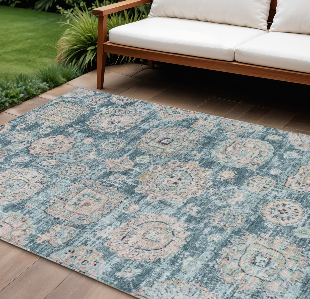 9' X 12' Teal Blue And Sky Blue Floral Washable Indoor Outdoor Area Rug