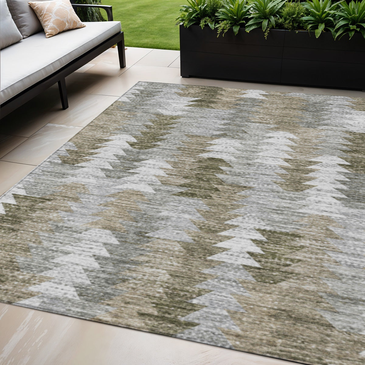 5' X 8' Brown Beige And Gray Geometric Washable Indoor Outdoor Area Rug