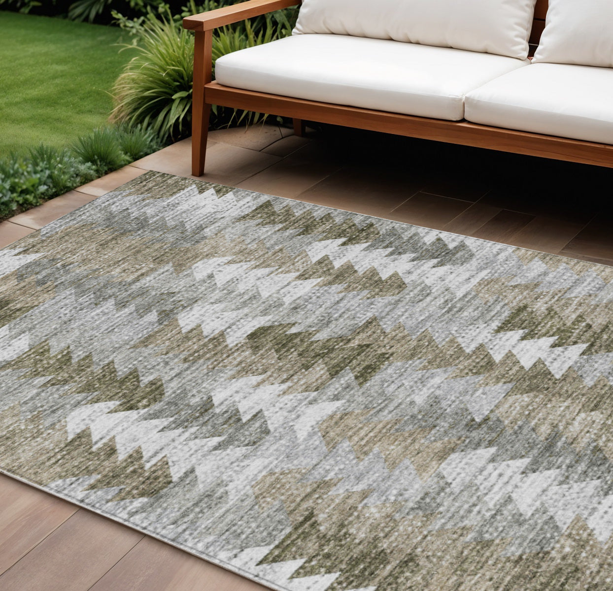 9' X 12' Brown Beige And Gray Geometric Washable Indoor Outdoor Area Rug