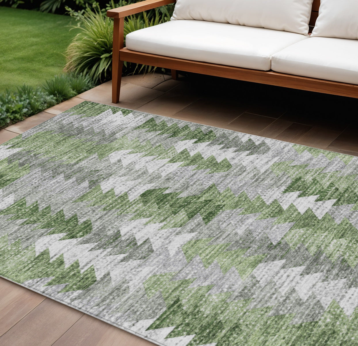 9' X 12' Green And Fern Green Geometric Washable Indoor Outdoor Area Rug