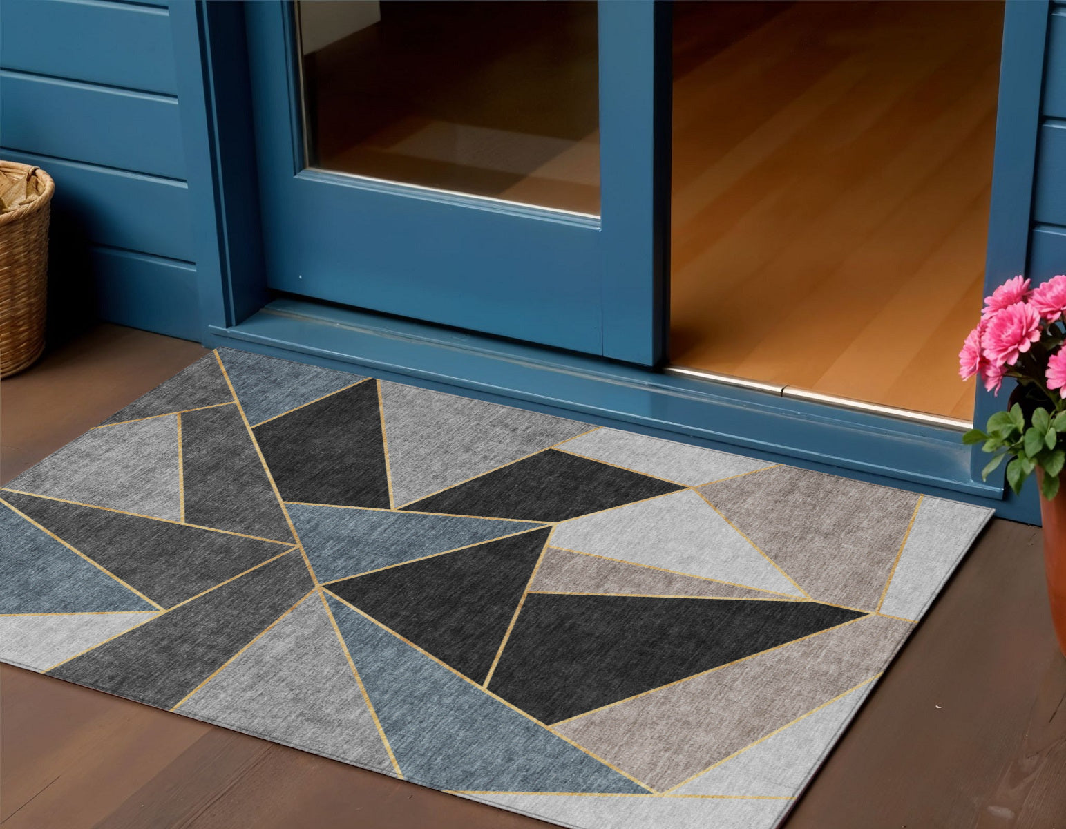 3' X 5' Blue Charcoal And Gray Geometric Washable Indoor Outdoor Area Rug