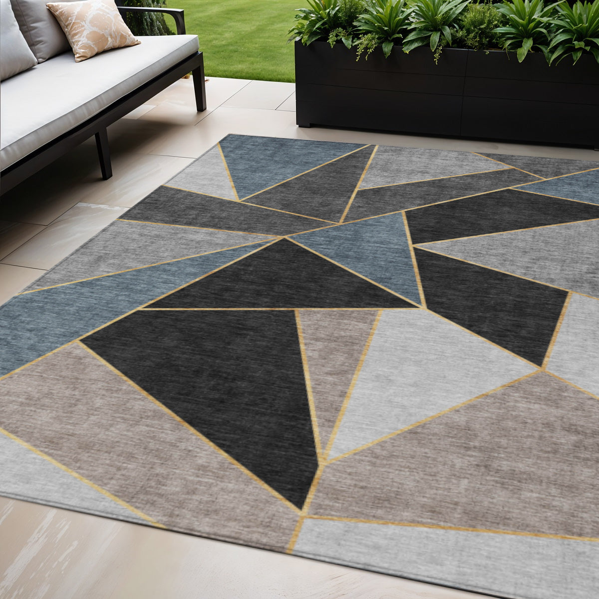 5' X 8' Blue Charcoal And Gray Geometric Washable Indoor Outdoor Area Rug