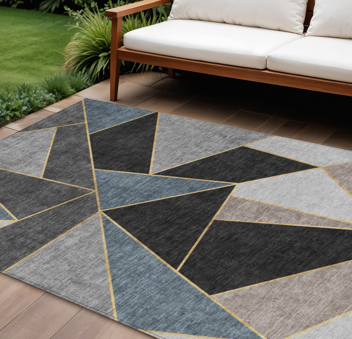 9' X 12' Blue Charcoal And Gray Geometric Washable Indoor Outdoor Area Rug