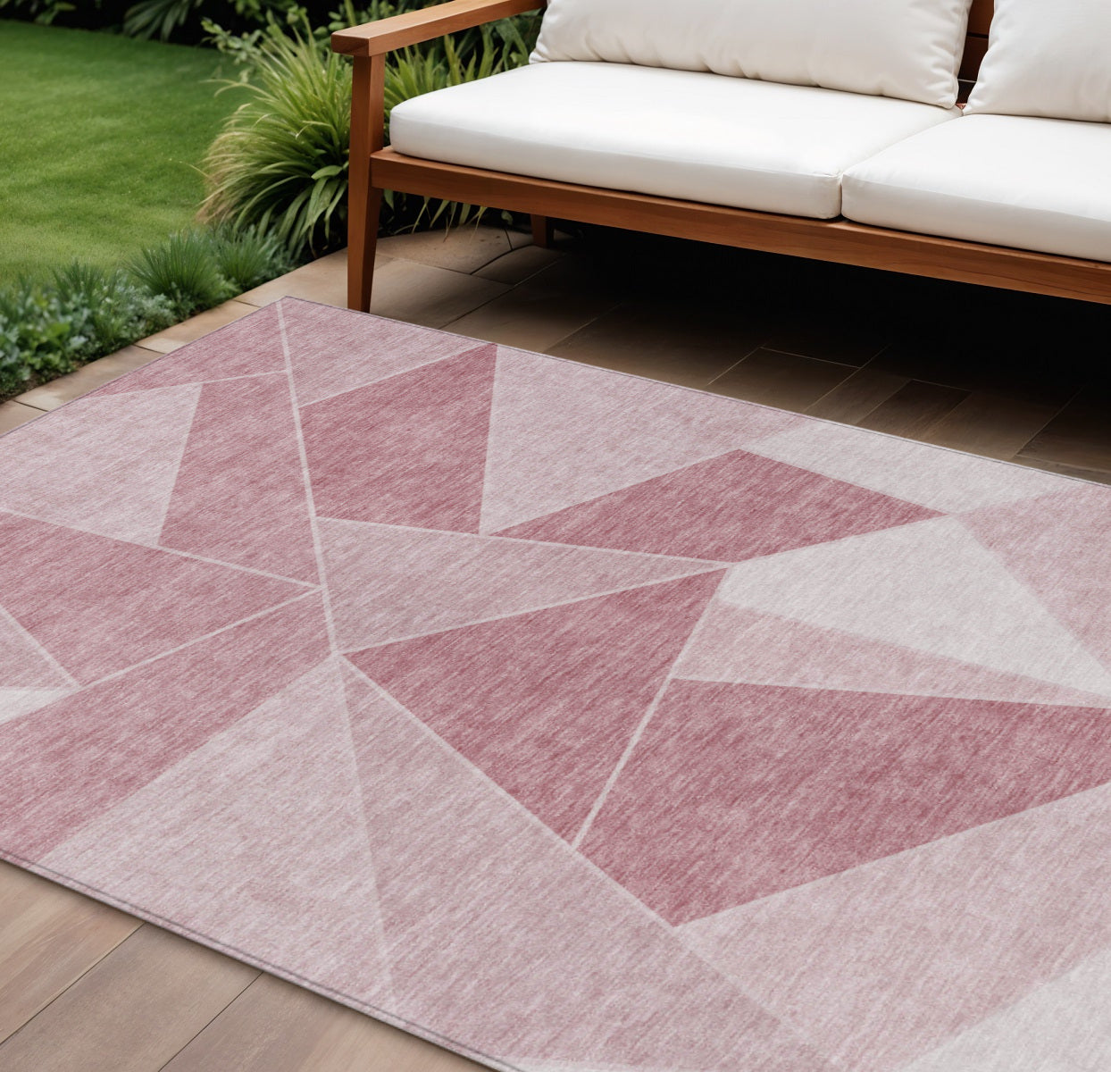 10' X 14' Blush Pink And Ivory Geometric Washable Indoor Outdoor Area Rug