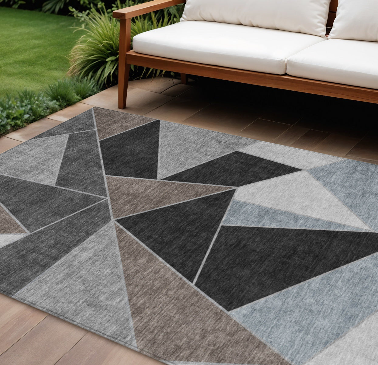 10' X 14' Chocolate Gray And Charcoal Geometric Washable Indoor Outdoor Area Rug