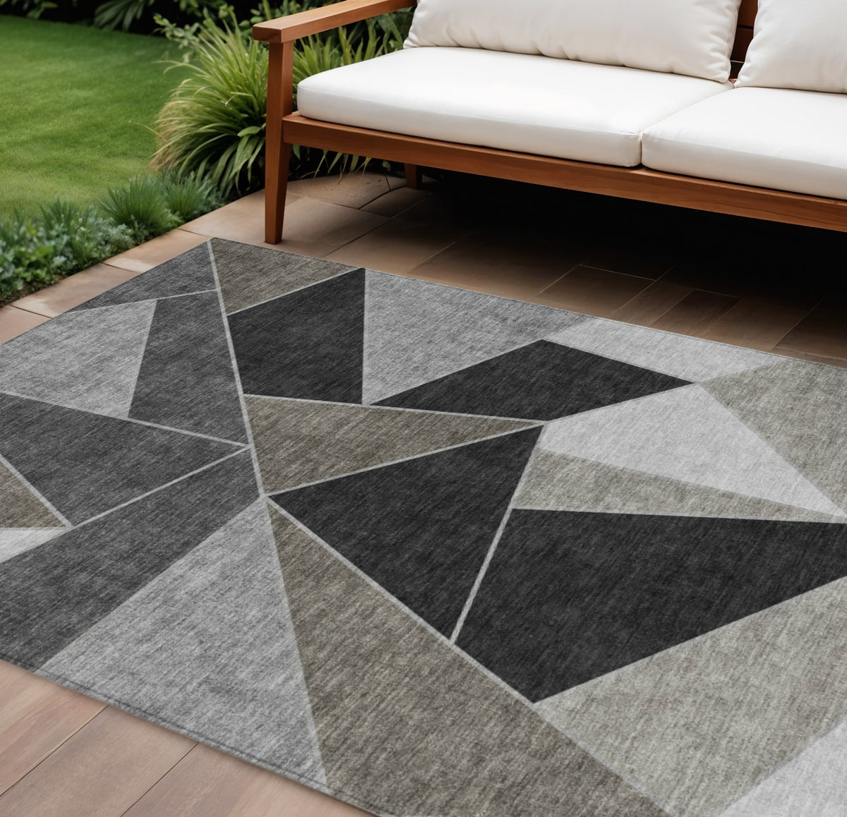 10' X 14' Coffee Charcoal And Gray Geometric Washable Indoor Outdoor Area Rug