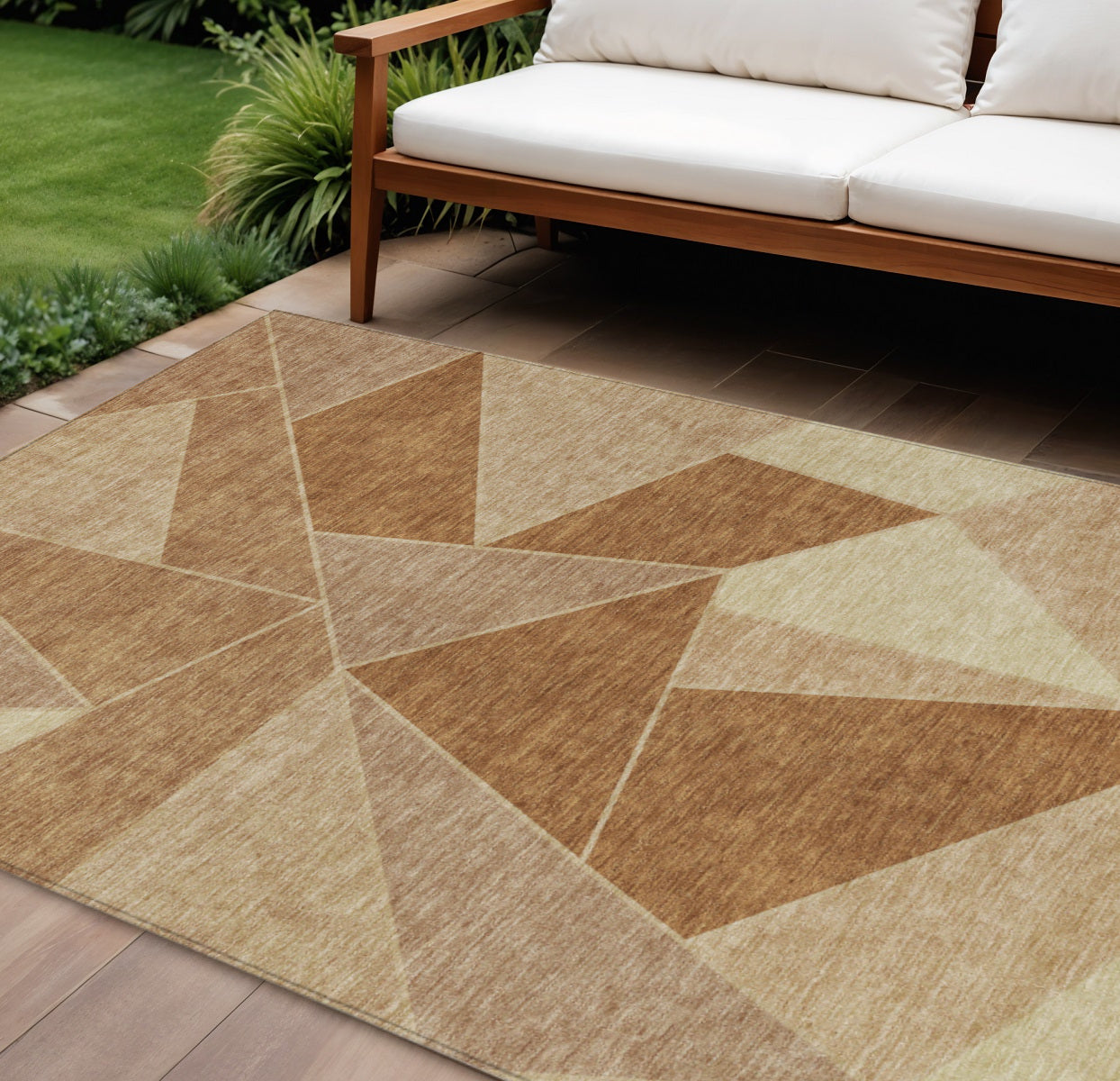 9' X 12' Orange Copper And Beige Geometric Washable Indoor Outdoor Area Rug