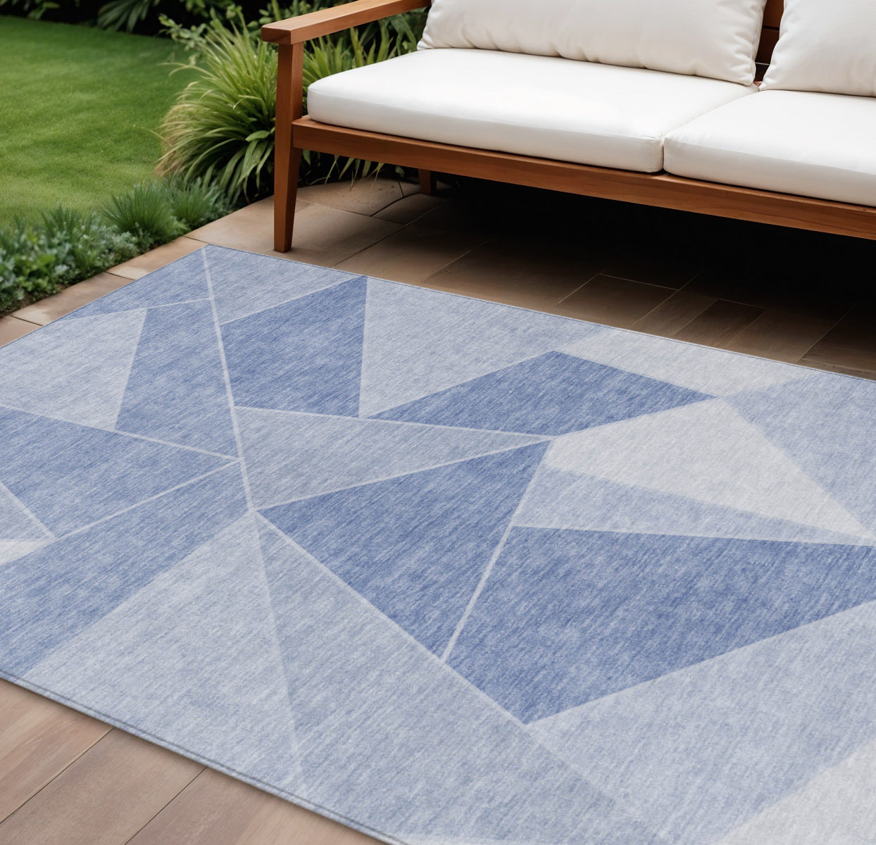 9' X 12' Sky Blue And Denim Blue Geometric Washable Indoor Outdoor Area Rug