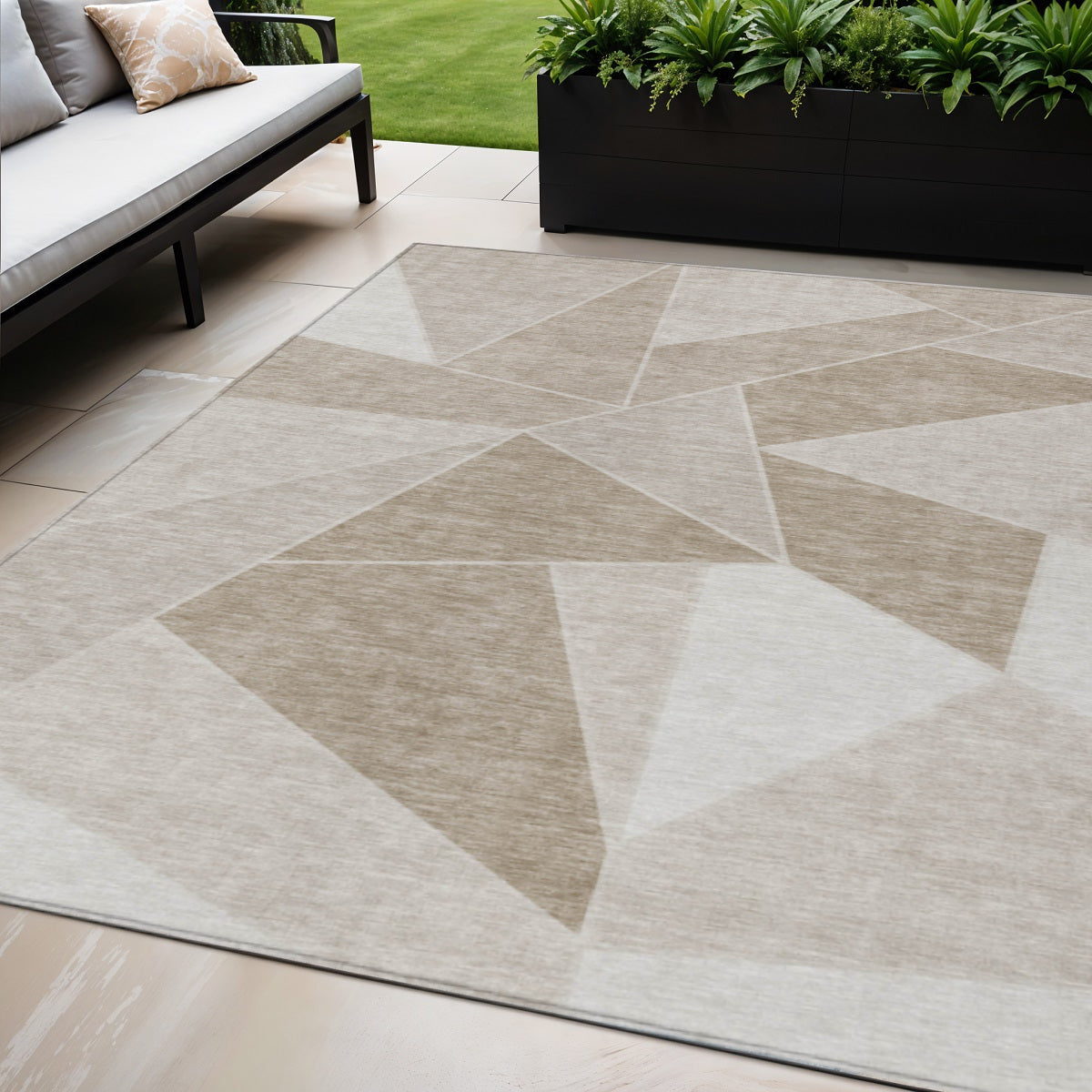 5' X 8' Taupe Brown And Beige Geometric Washable Indoor Outdoor Area Rug
