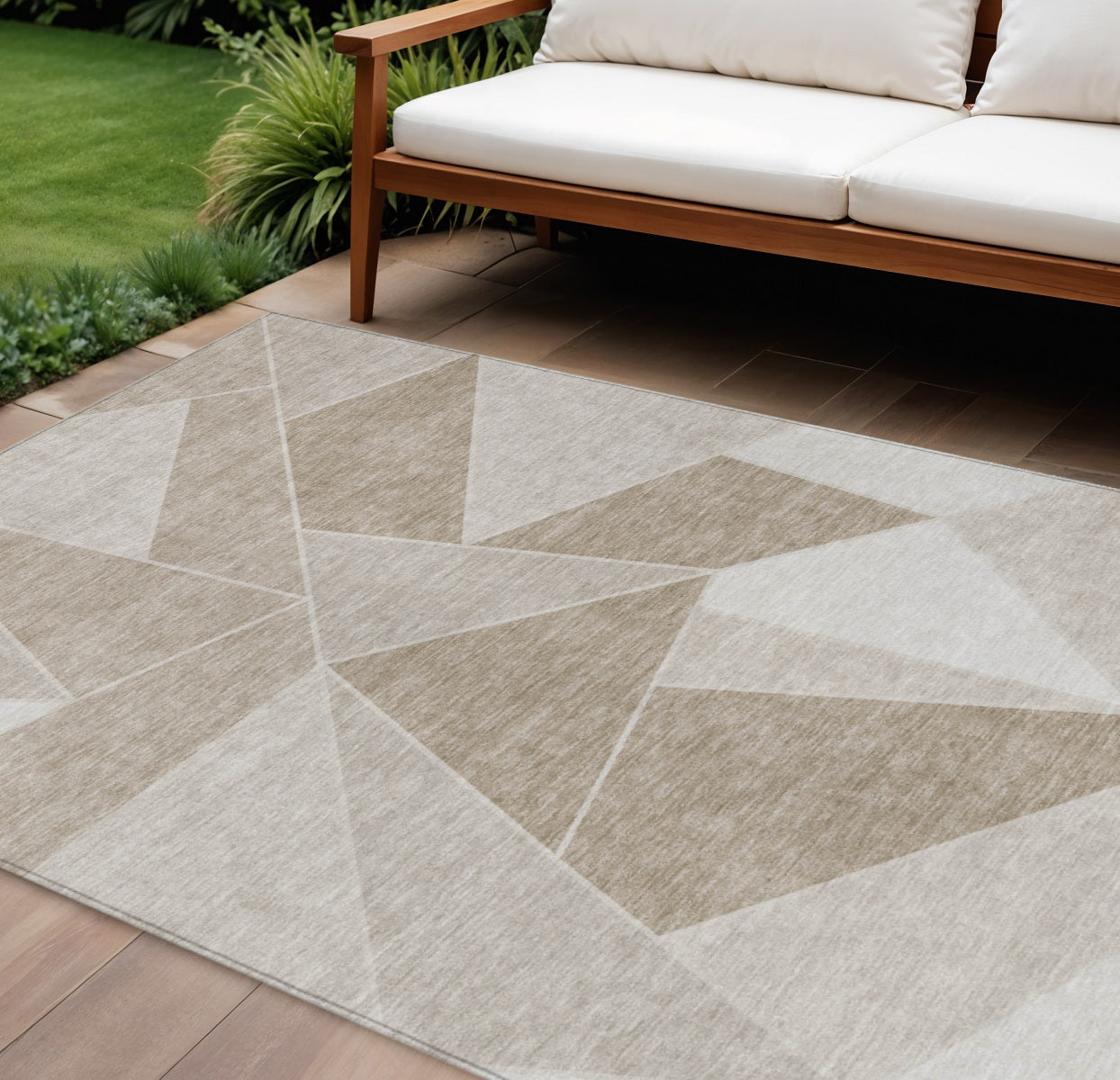 9' X 12' Taupe Brown And Beige Geometric Washable Indoor Outdoor Area Rug