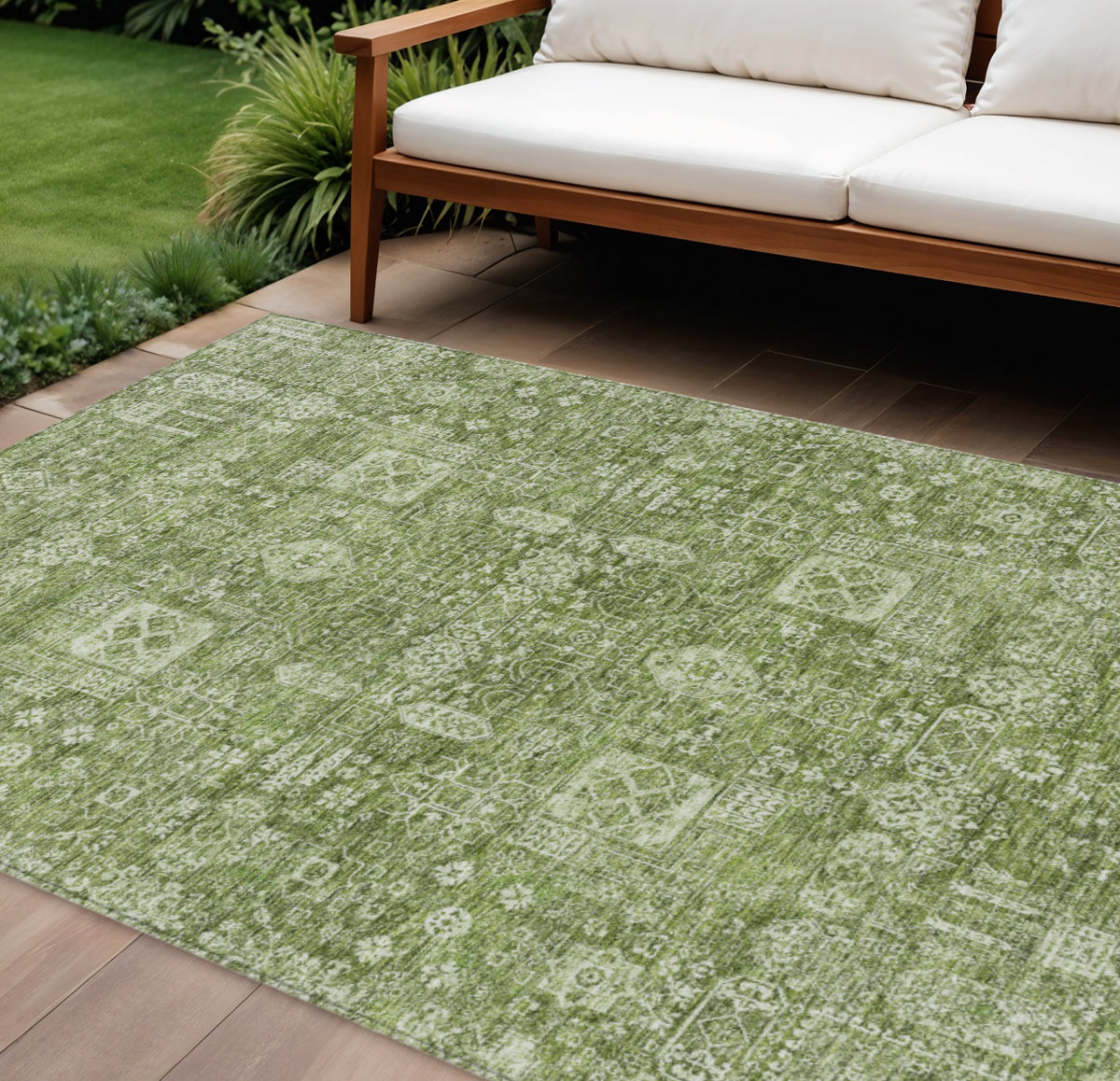 9' X 12' Artichoke Green And Ivory Oriental Washable Indoor Outdoor Area Rug