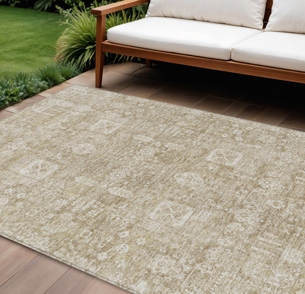 10' X 14' Beige Tan And Ivory Oriental Washable Indoor Outdoor Area Rug