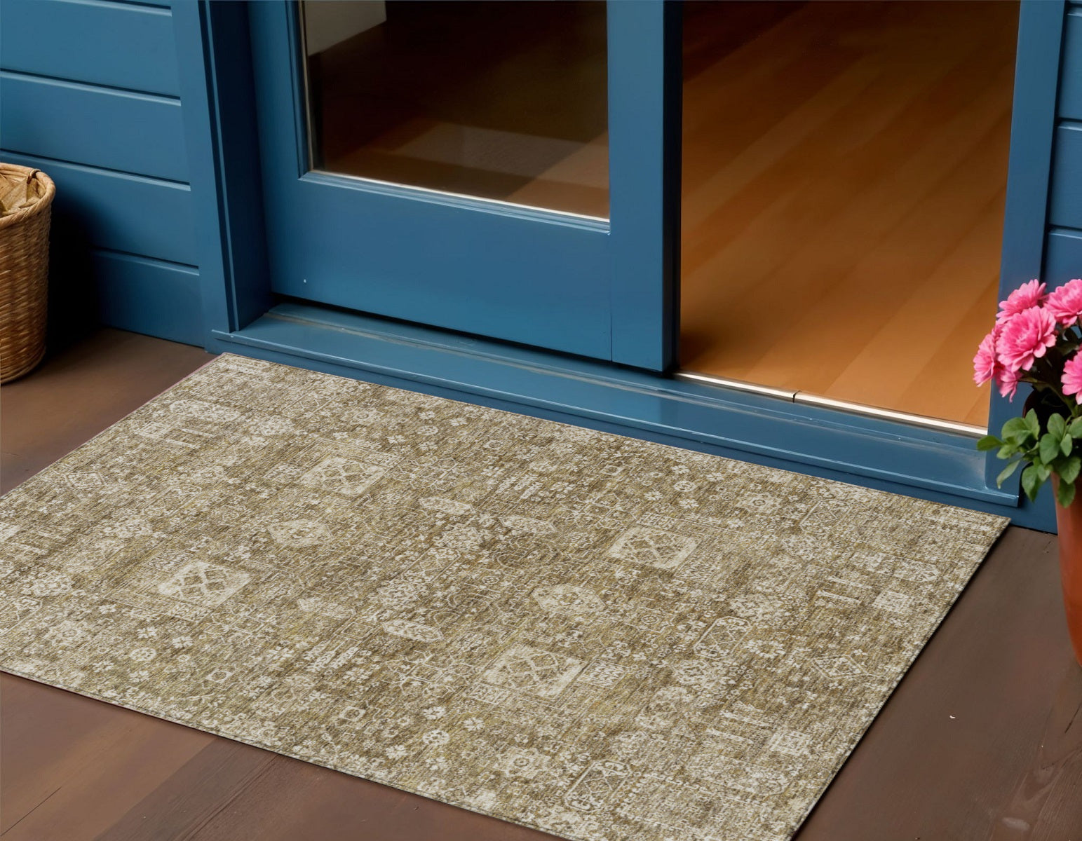 3' X 5' Brown Beige And Ivory Oriental Washable Indoor Outdoor Area Rug