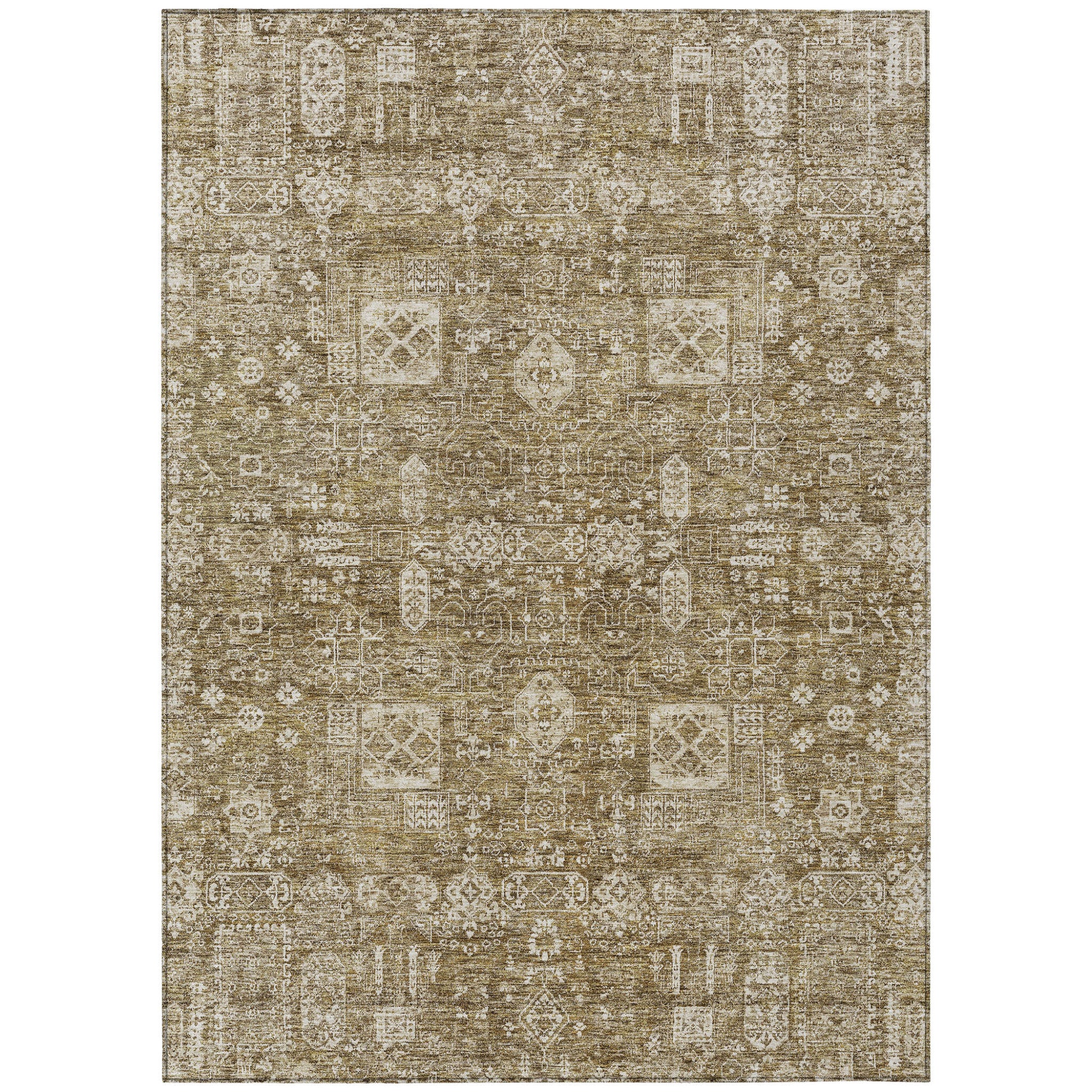 5' X 8' Brown Beige And Ivory Oriental Washable Indoor Outdoor Area Rug