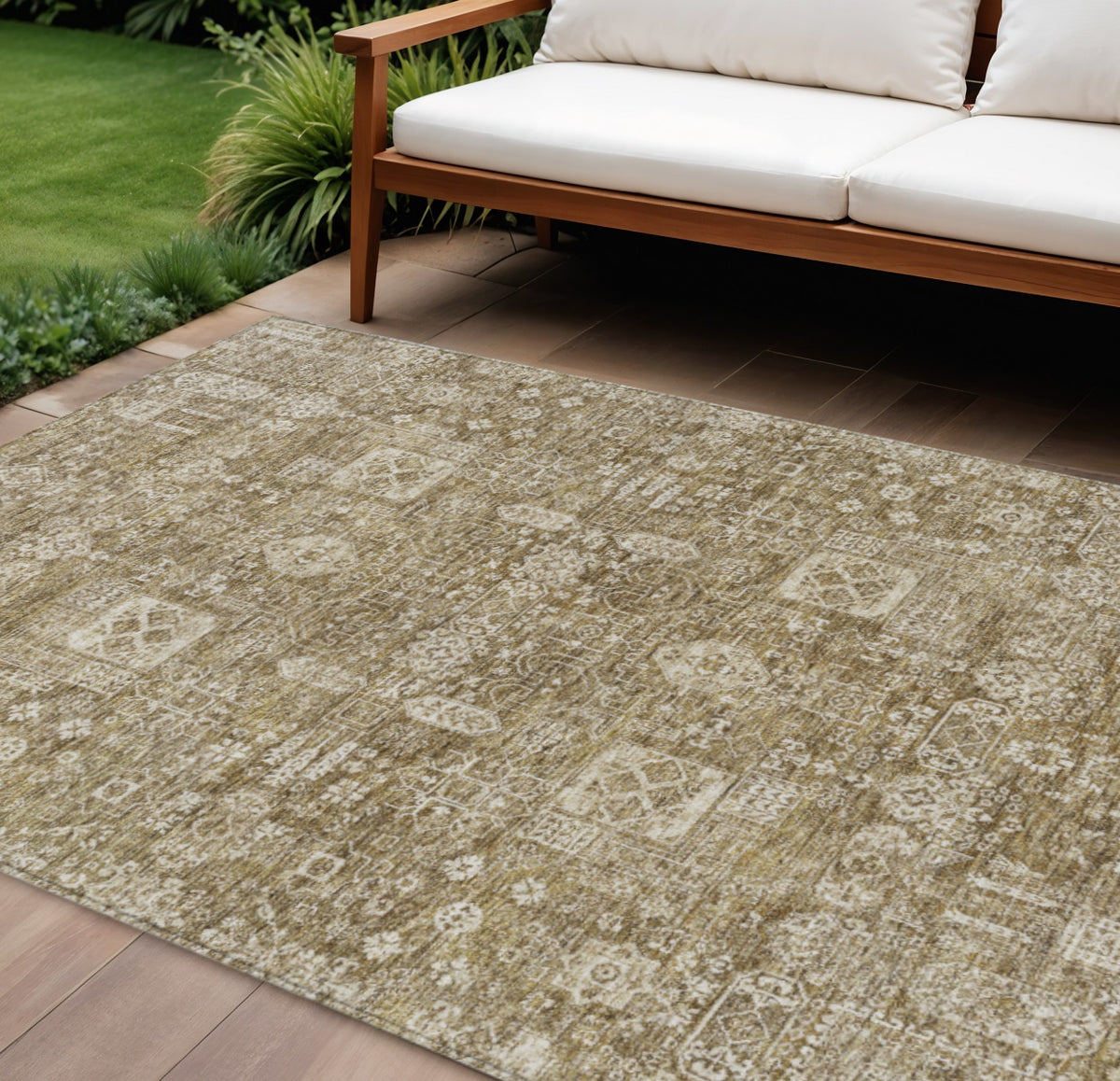 9' X 12' Brown Beige And Ivory Oriental Washable Indoor Outdoor Area Rug