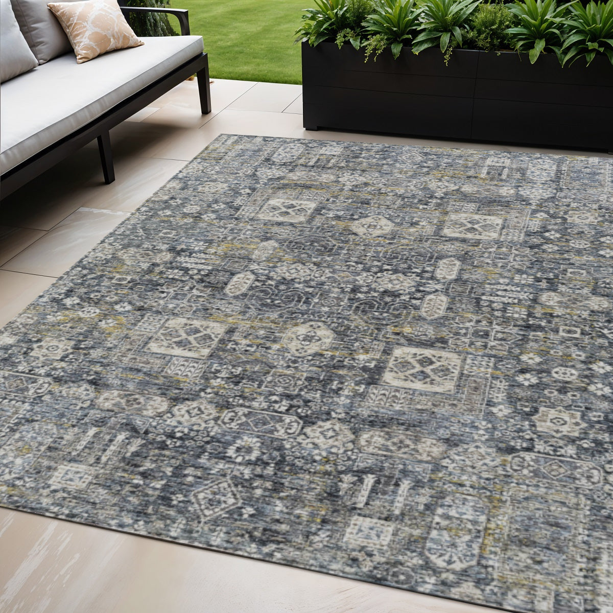 5' X 8' Charcoal Gray And Ivory Oriental Washable Indoor Outdoor Area Rug