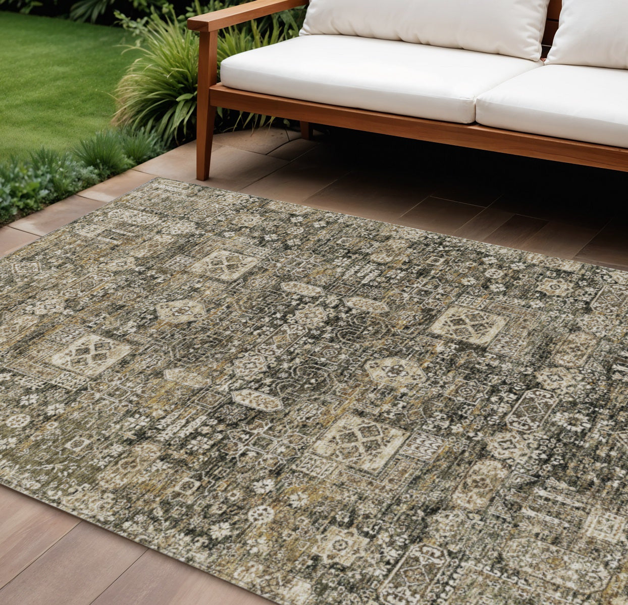 9' X 12' Coffee And Beige Oriental Washable Indoor Outdoor Area Rug