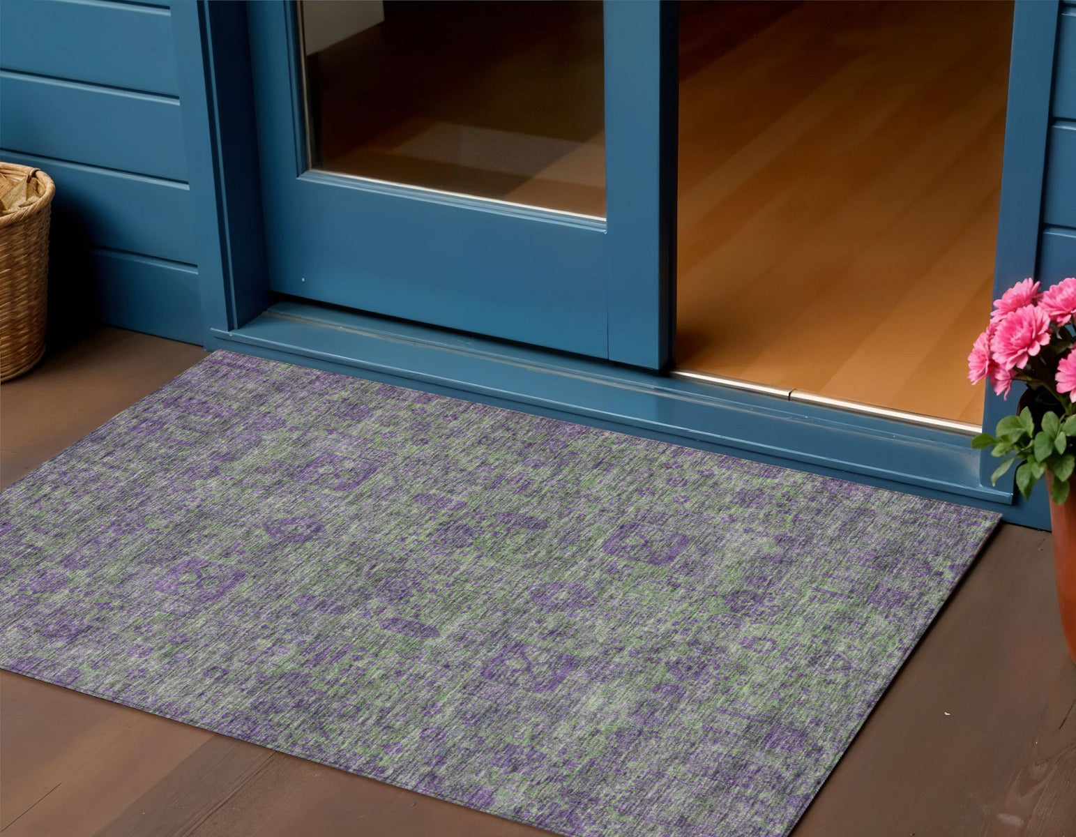 3' X 5' Fern Green And Purple Oriental Washable Indoor Outdoor Area Rug