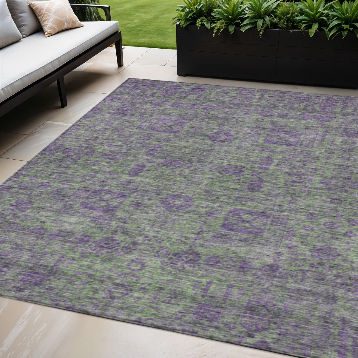 5' X 8' Fern Green And Purple Oriental Washable Indoor Outdoor Area Rug