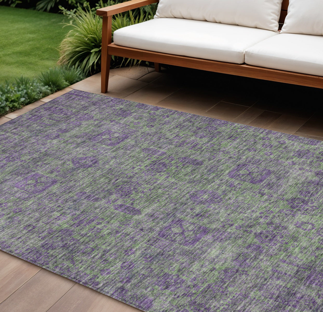 9' X 12' Fern Green And Purple Oriental Washable Indoor Outdoor Area Rug
