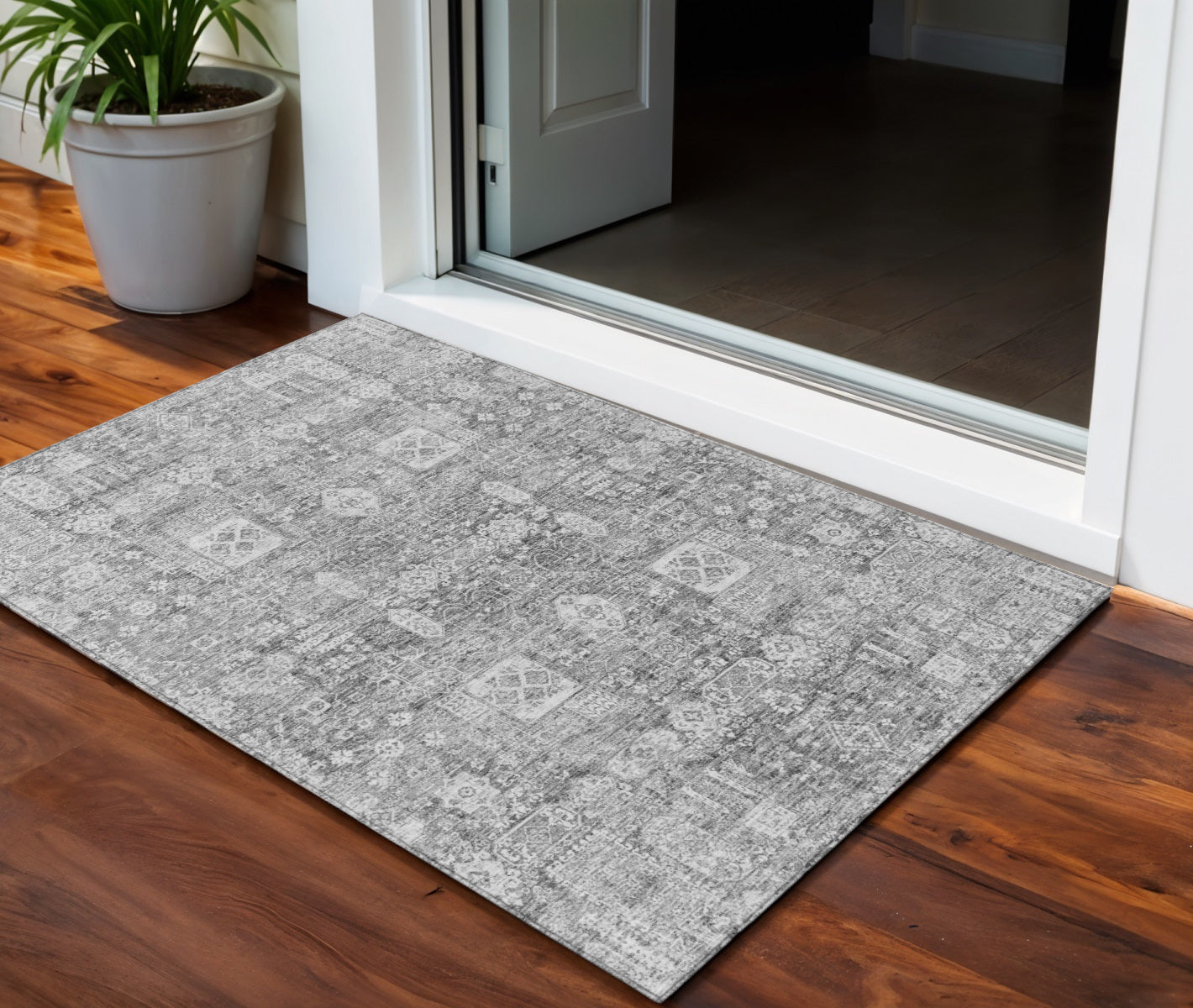 3' X 5' Gray Silver And Charcoal Oriental Washable Indoor Outdoor Area Rug