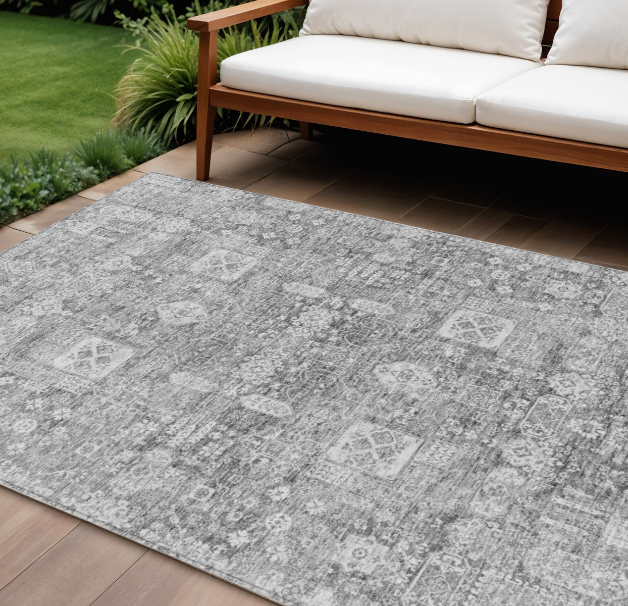 10' X 14' Gray Silver And Charcoal Oriental Washable Indoor Outdoor Area Rug