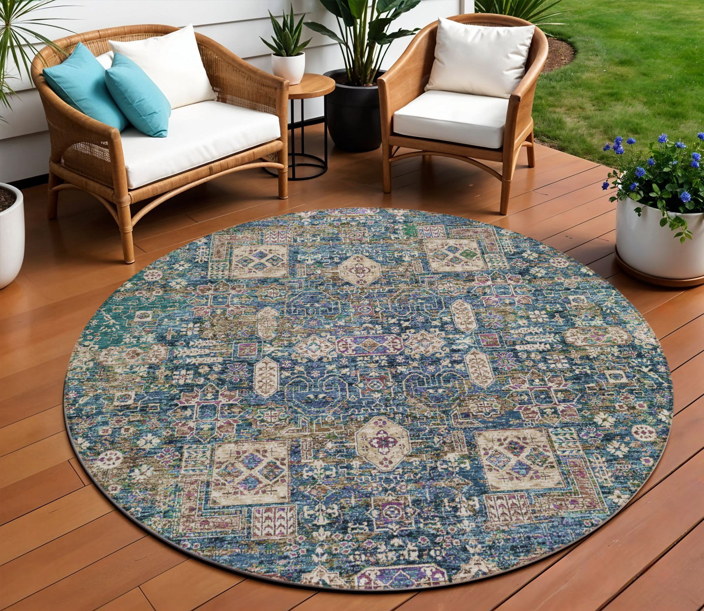 8' Green Navy Blue And Ivory Round Oriental Washable Indoor Outdoor Area Rug