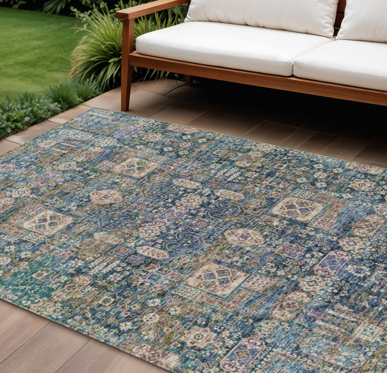 10' X 14' Green Navy Blue And Ivory Oriental Washable Indoor Outdoor Area Rug