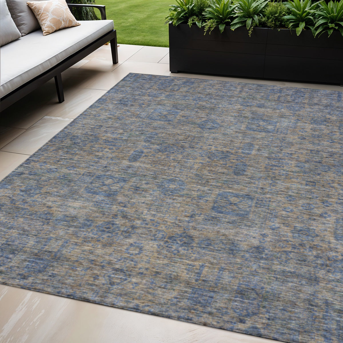 5' X 8' Khaki And Denim Blue Oriental Washable Indoor Outdoor Area Rug