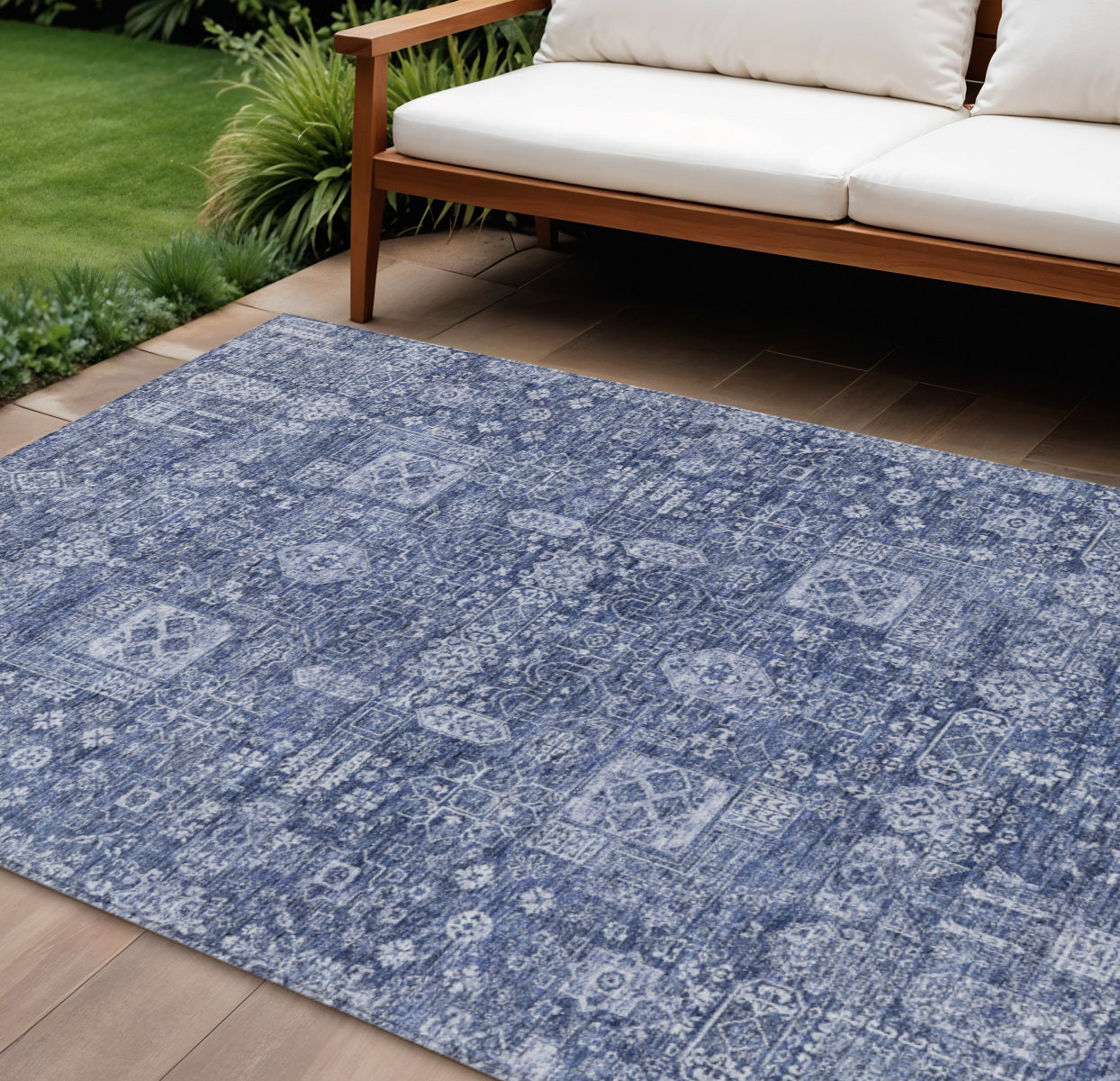 9' X 12' Navy Blue And Sky Blue Oriental Washable Indoor Outdoor Area Rug