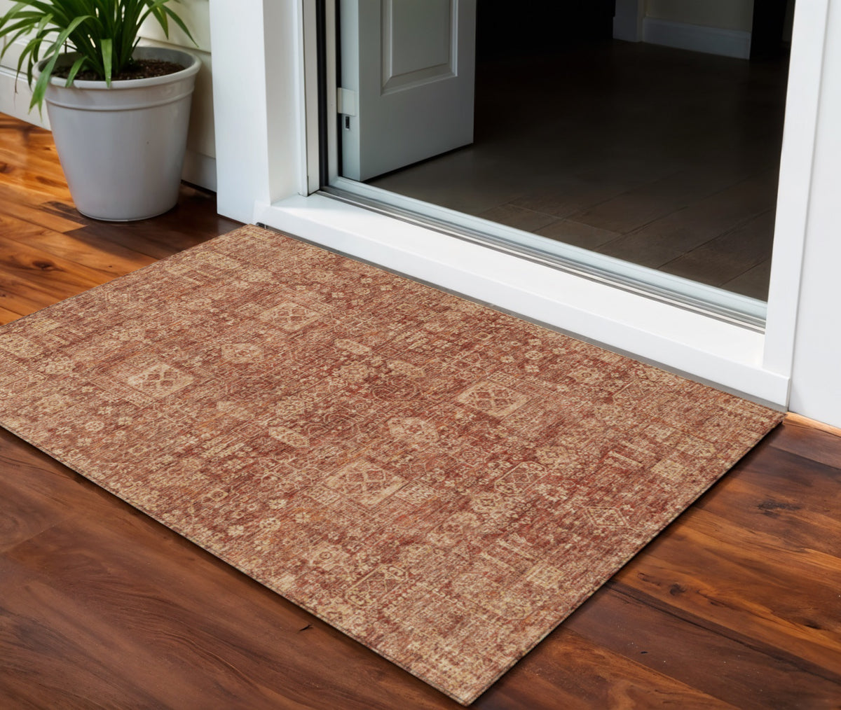 3' X 5' Orange Copper And Terra Cotta Oriental Washable Indoor Outdoor Area Rug