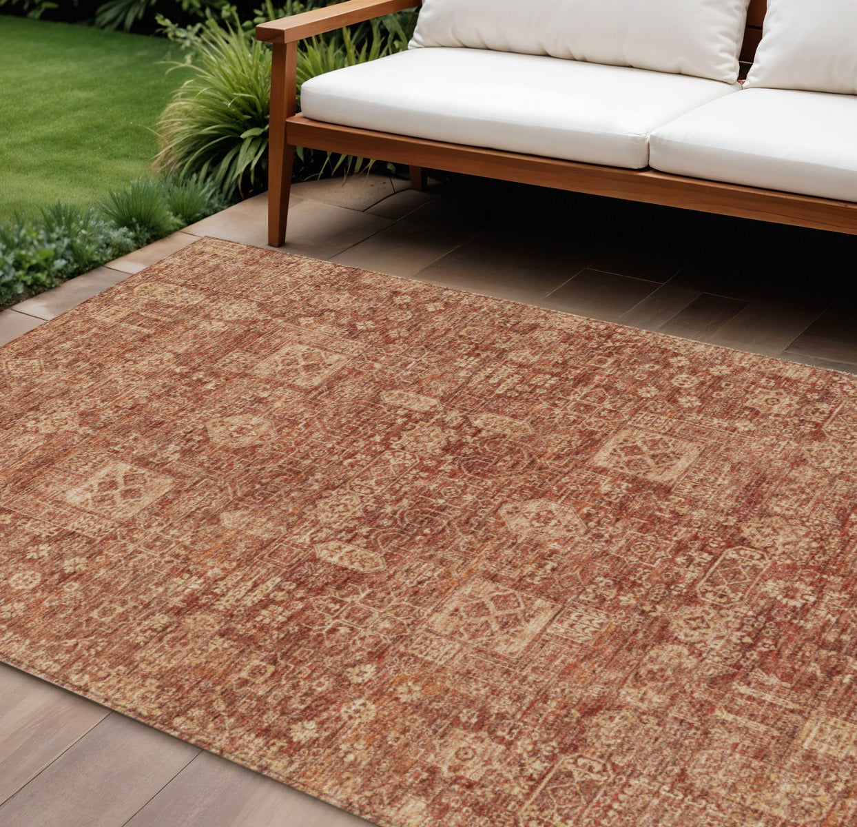 9' X 12' Orange Copper And Terra Cotta Oriental Washable Indoor Outdoor Area Rug