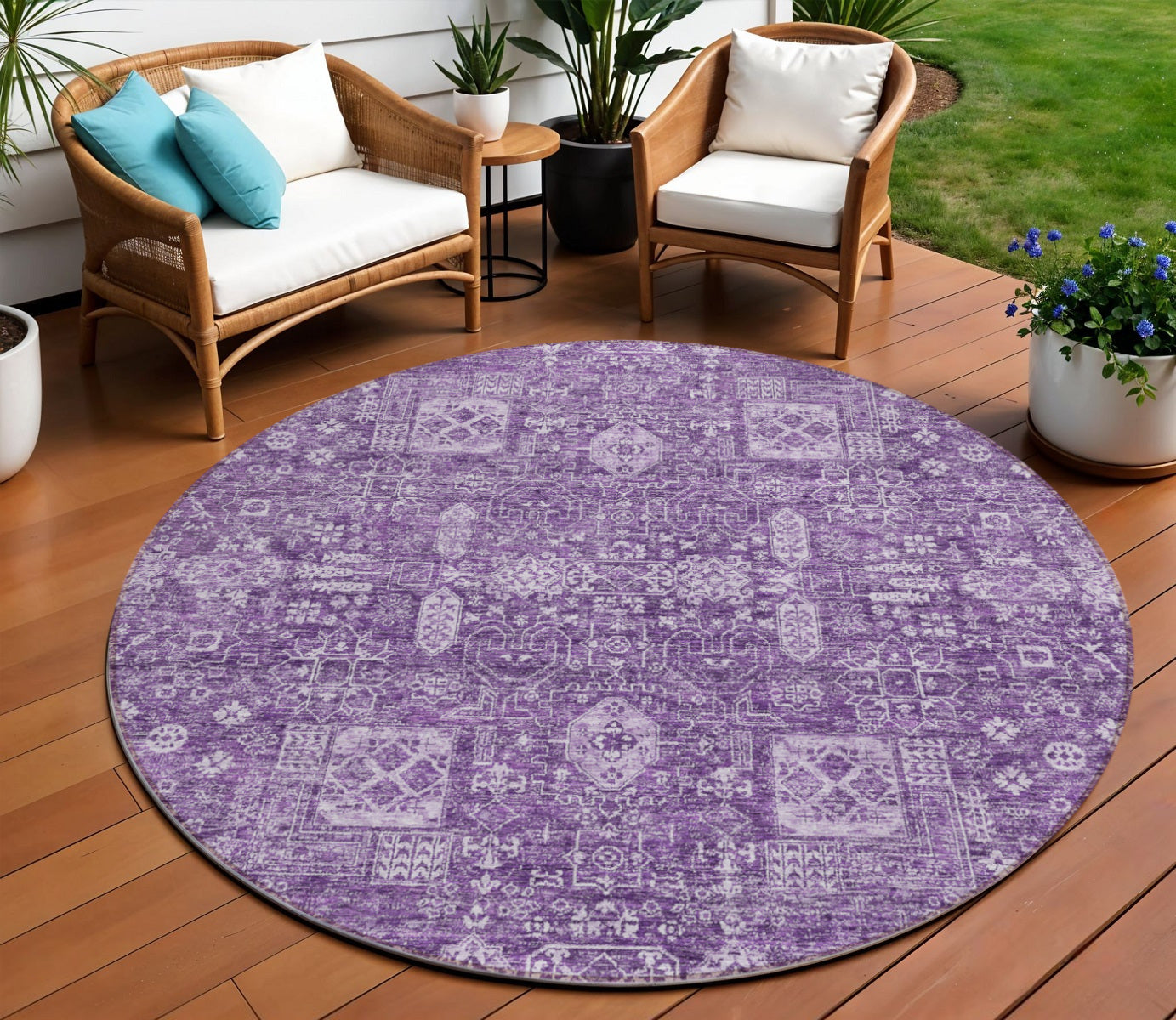 8' Purple Lilac And Lavender Round Oriental Washable Indoor Outdoor Area Rug