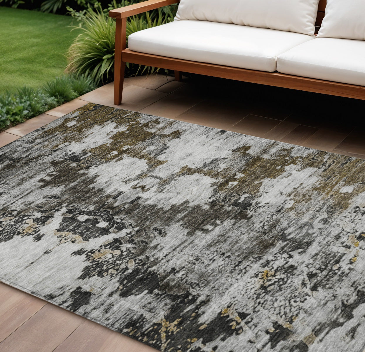 9' X 12' Taupe Brown And Gold Abstract Washable Indoor Outdoor Area Rug