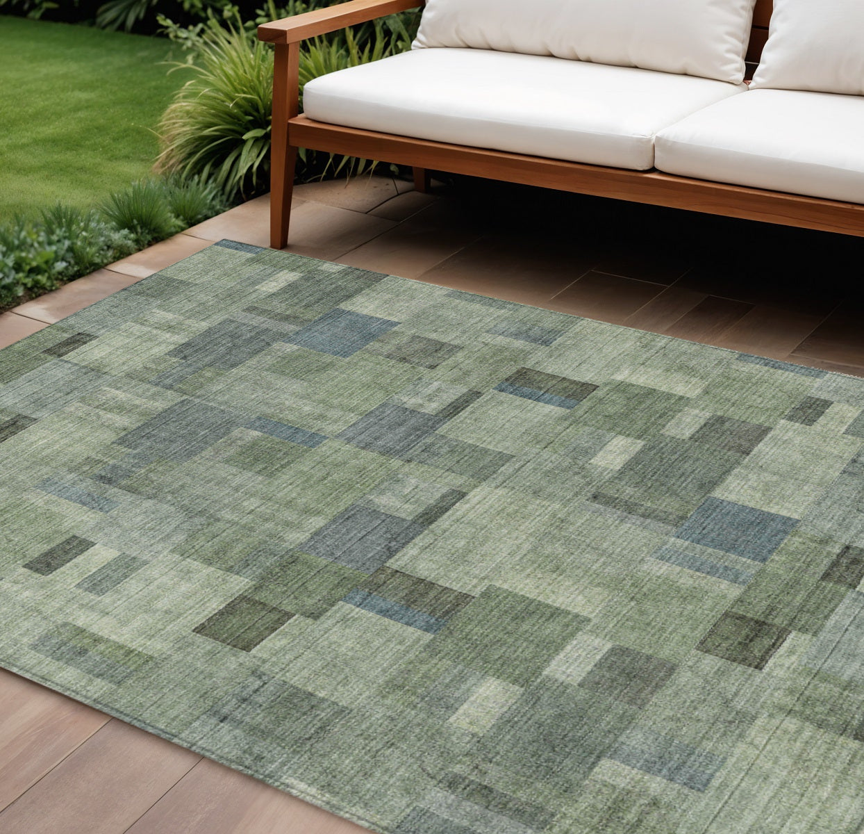 9' X 12' Green And Mint Green Geometric Washable Indoor Outdoor Area Rug