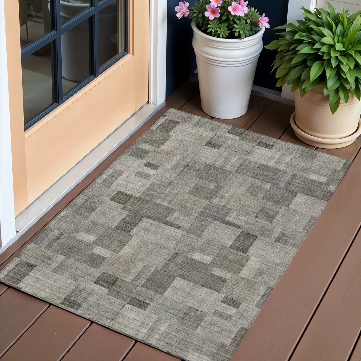 3' X 5' Taupe Beige And Gray Geometric Washable Indoor Outdoor Area Rug
