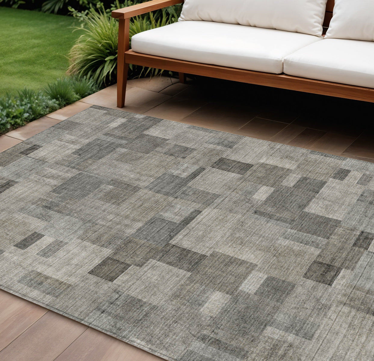9' X 12' Taupe Beige And Gray Geometric Washable Indoor Outdoor Area Rug