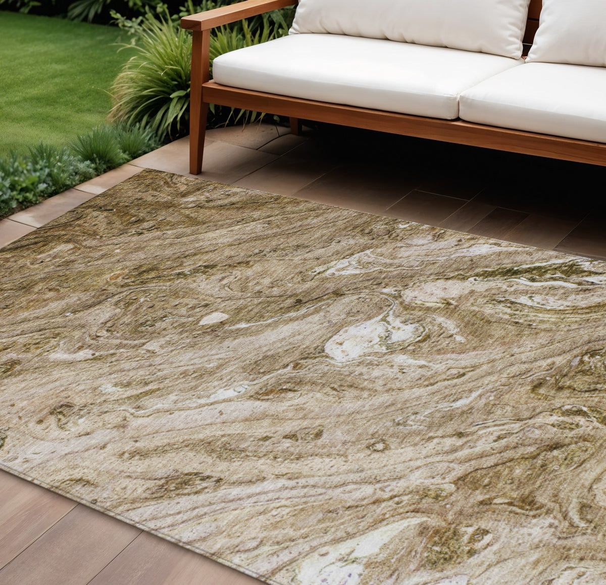 10' X 14' Brown Tan And Beige Abstract Washable Indoor Outdoor Area Rug