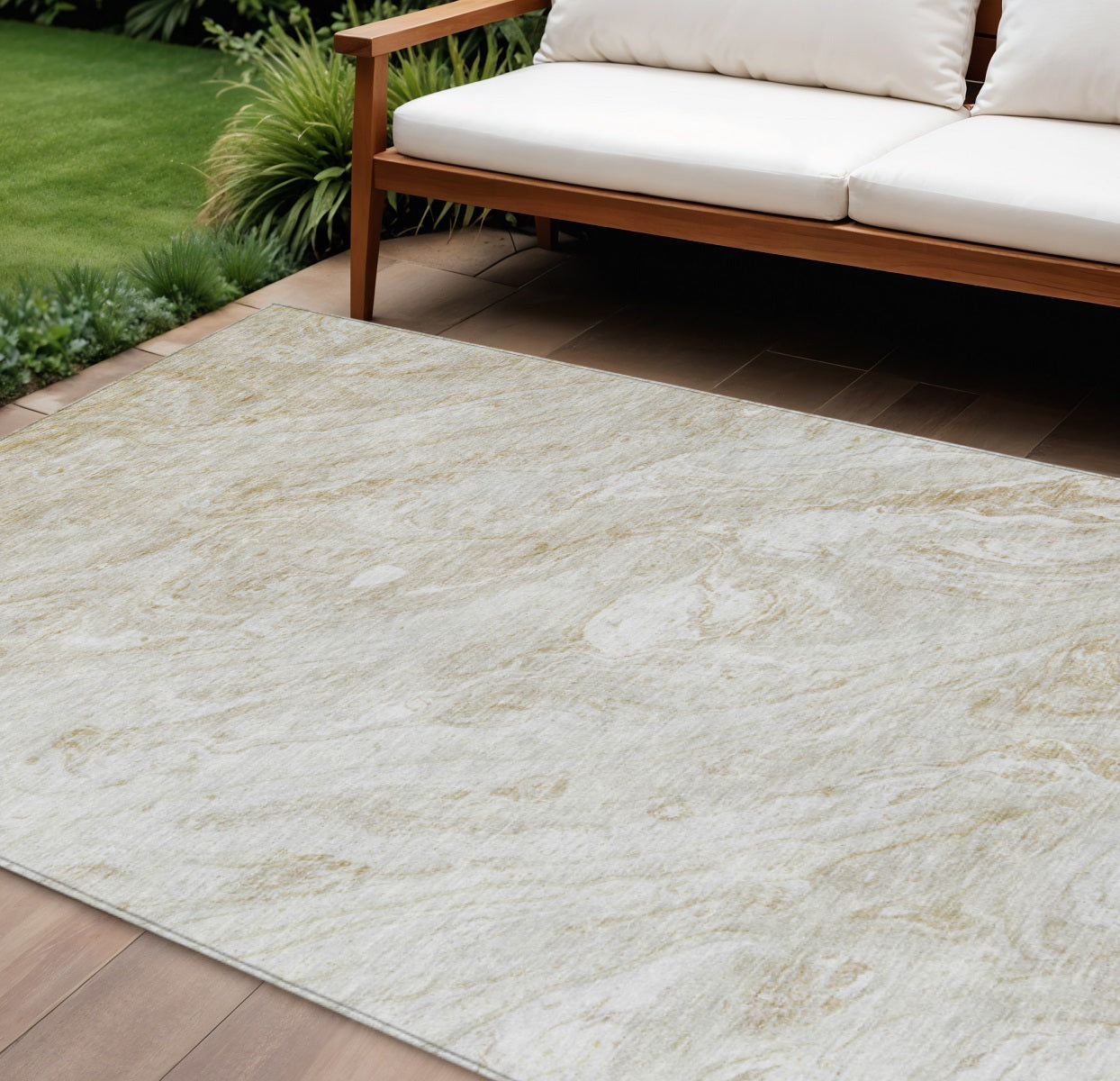 9' X 12' Ivory Beige And Tan Abstract Washable Indoor Outdoor Area Rug