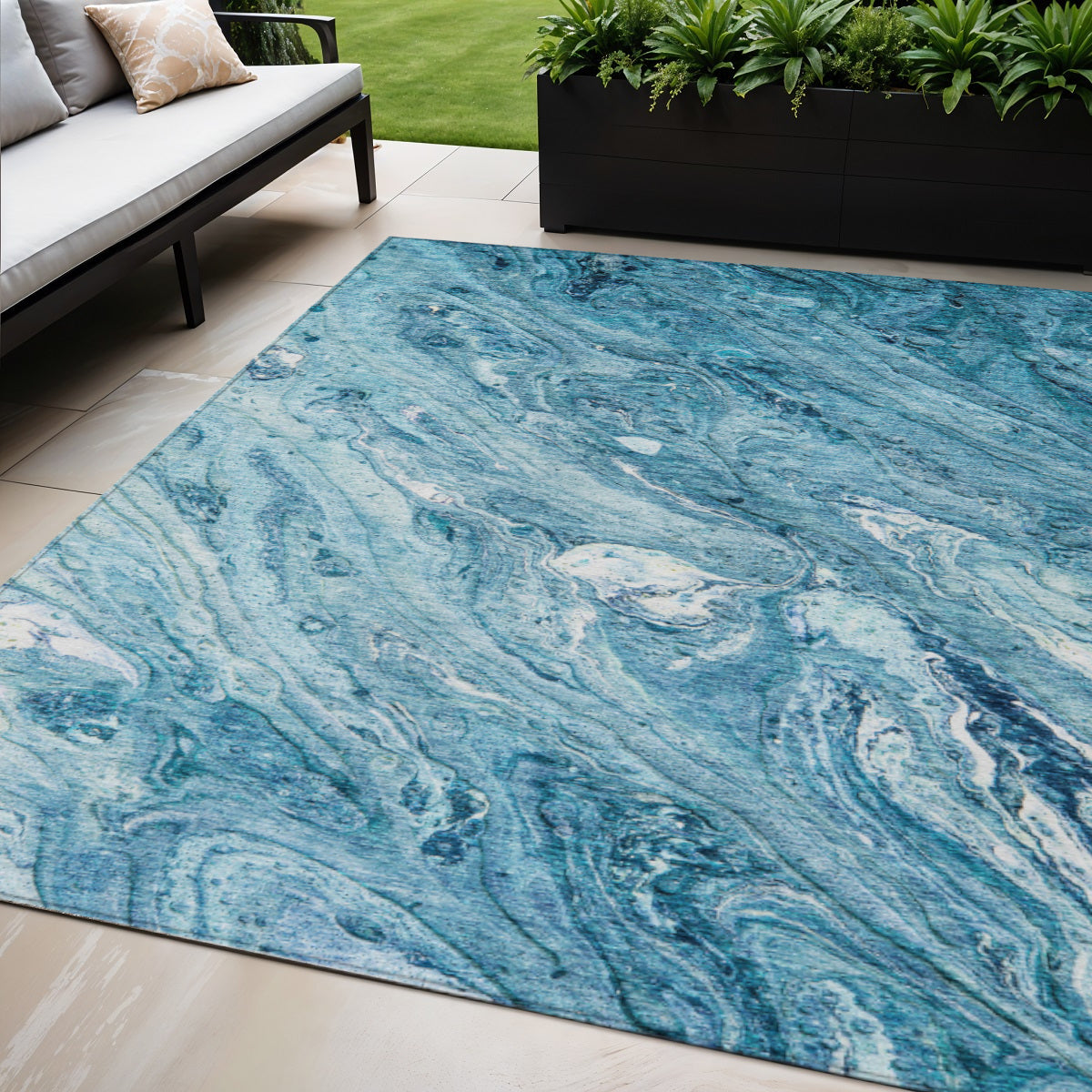 5' X 8' Sky Blue And Navy Blue Abstract Washable Indoor Outdoor Area Rug