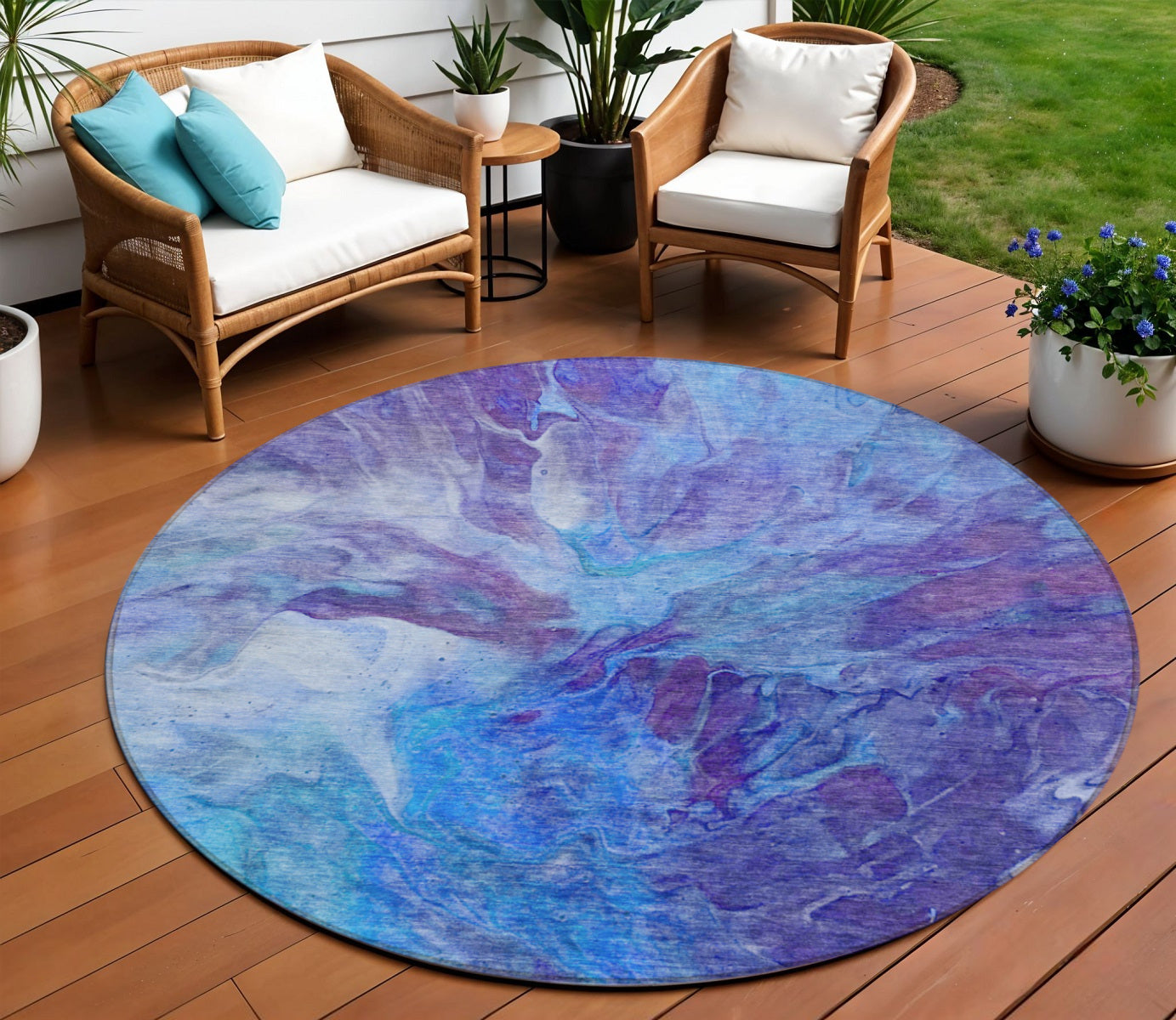 8' Purple And Navy Blue Round Abstract Washable Indoor Outdoor Area Rug