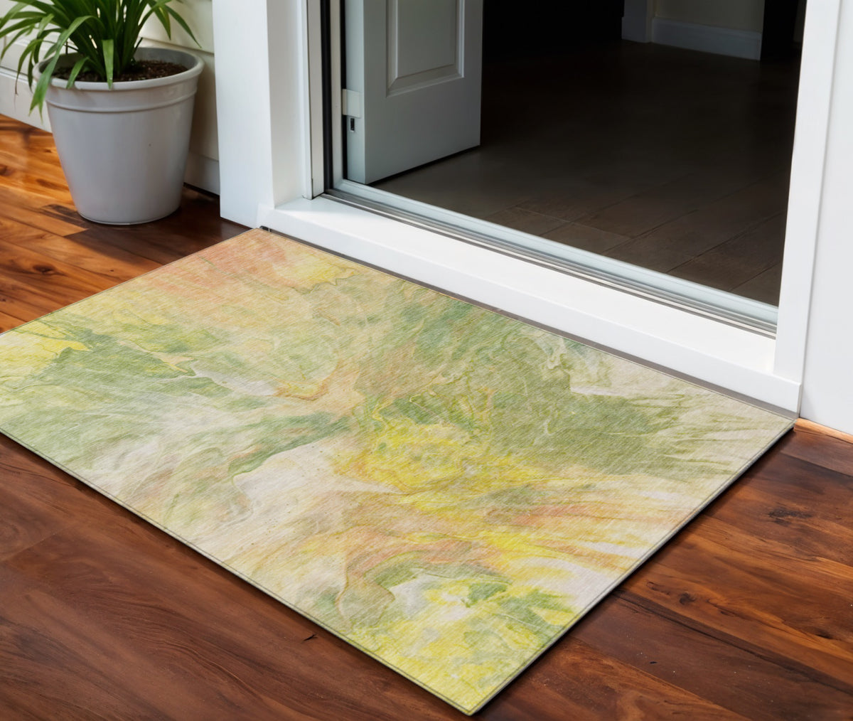 3' X 5' Green And Yellow Abstract Washable Indoor Outdoor Area Rug