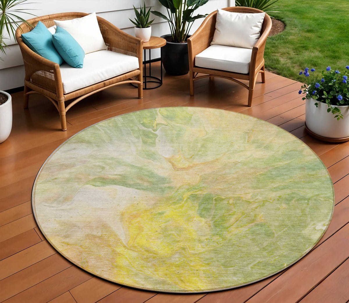 8' Green And Yellow Round Abstract Washable Indoor Outdoor Area Rug