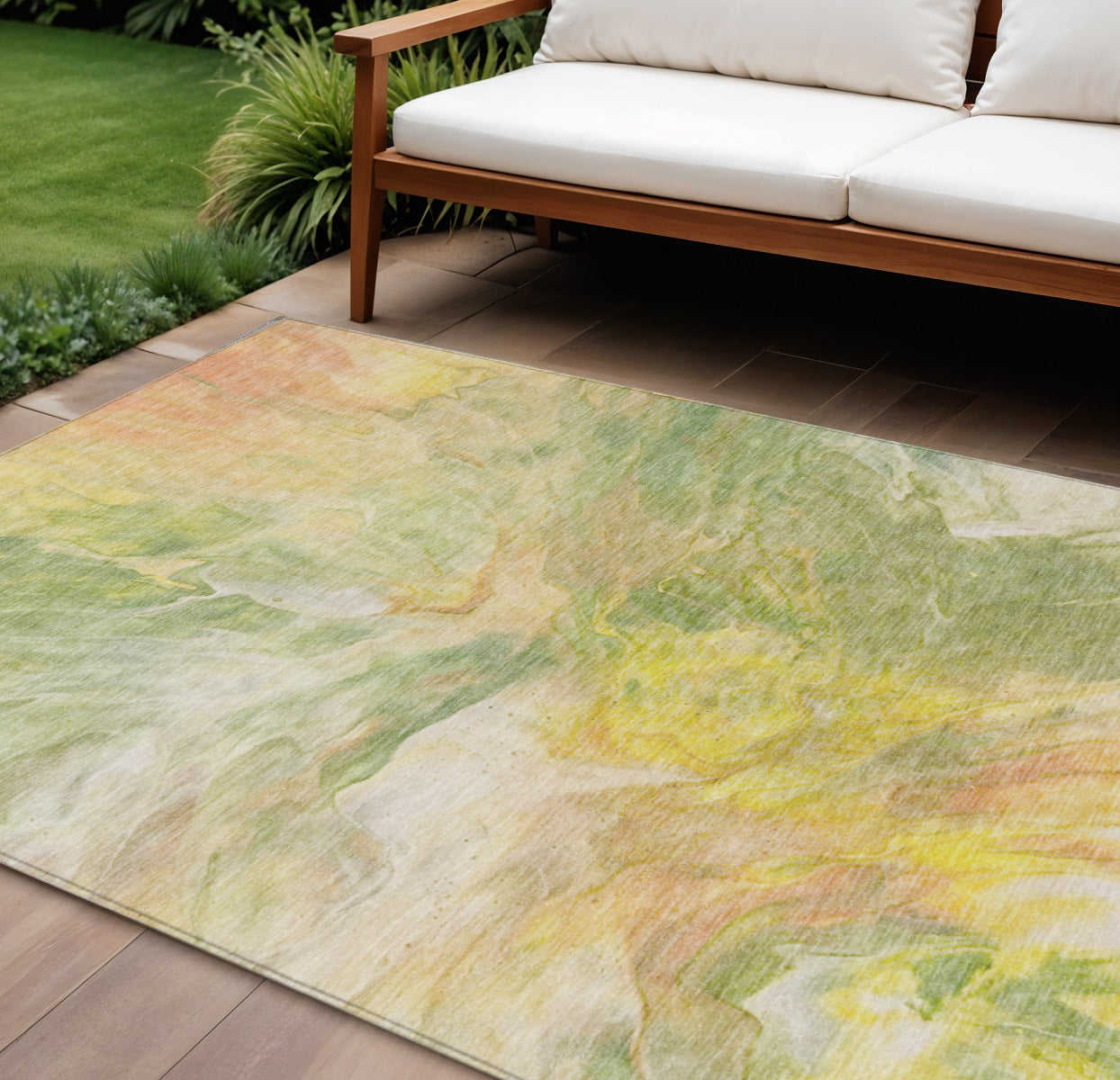 9' X 12' Green And Yellow Abstract Washable Indoor Outdoor Area Rug