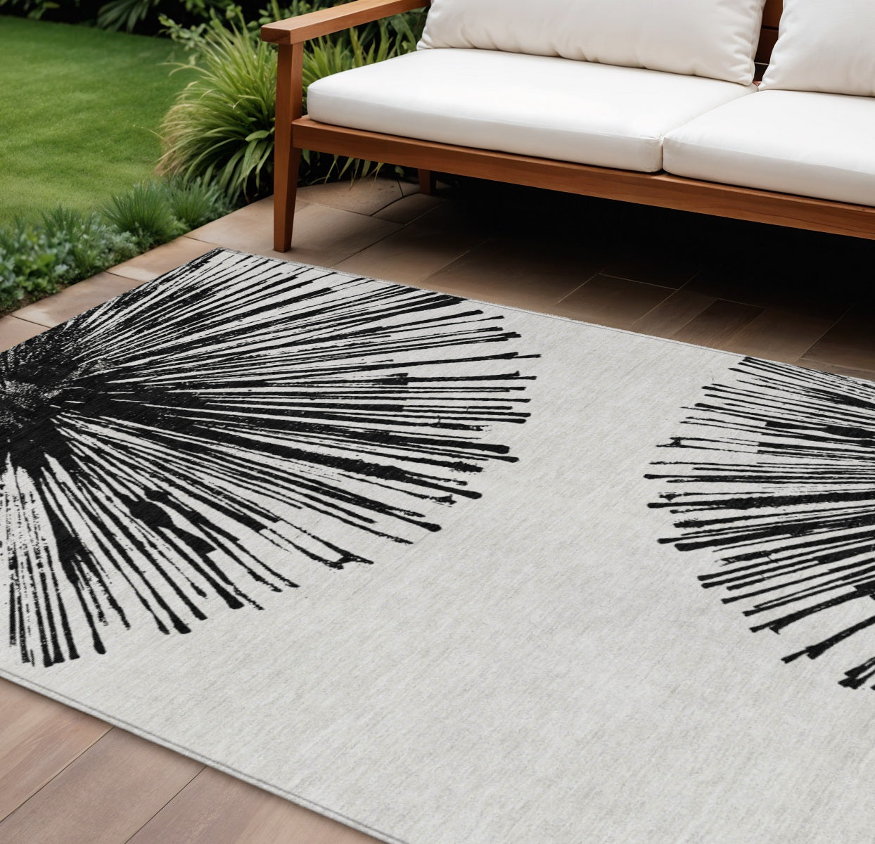 10' X 14' Black And Ivory Abstract Washable Indoor Outdoor Area Rug