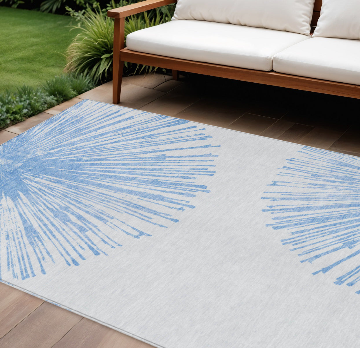 9' X 12' Denim Blue And Ivory Abstract Washable Indoor Outdoor Area Rug