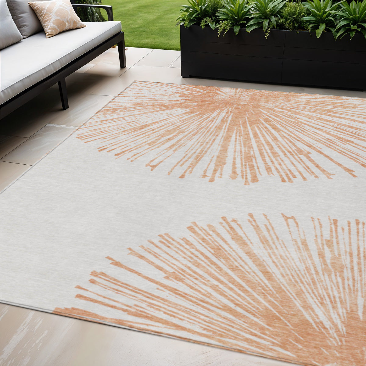 5' X 8' Salmon And Ivory Abstract Washable Indoor Outdoor Area Rug