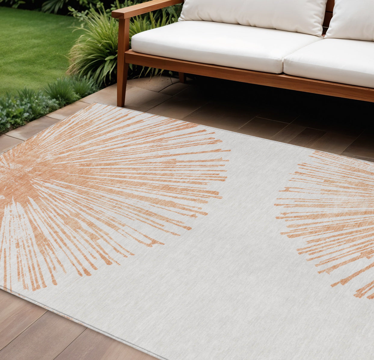 9' X 12' Salmon And Ivory Abstract Washable Indoor Outdoor Area Rug